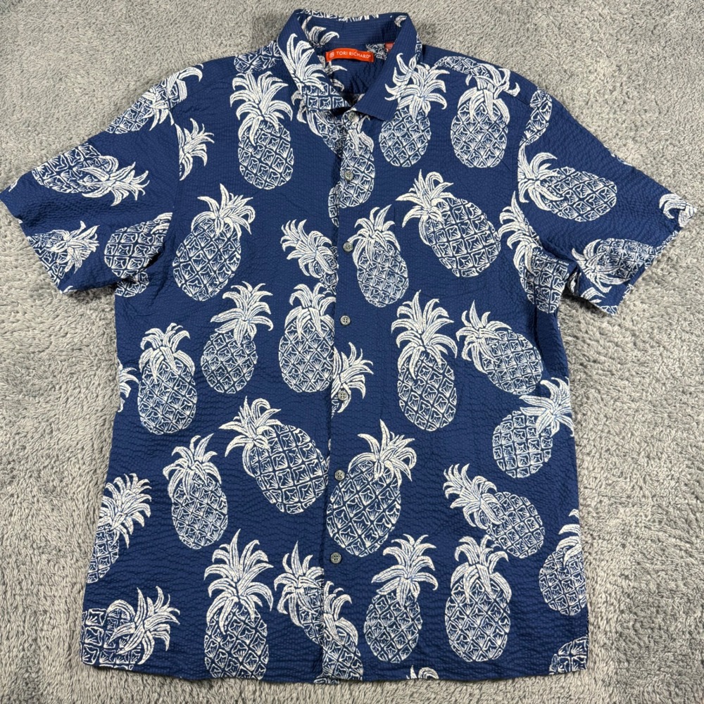 Tori Richard Seersucker Button Shirt Mens Large Blue Pineapple‎ Puckered Hawaii